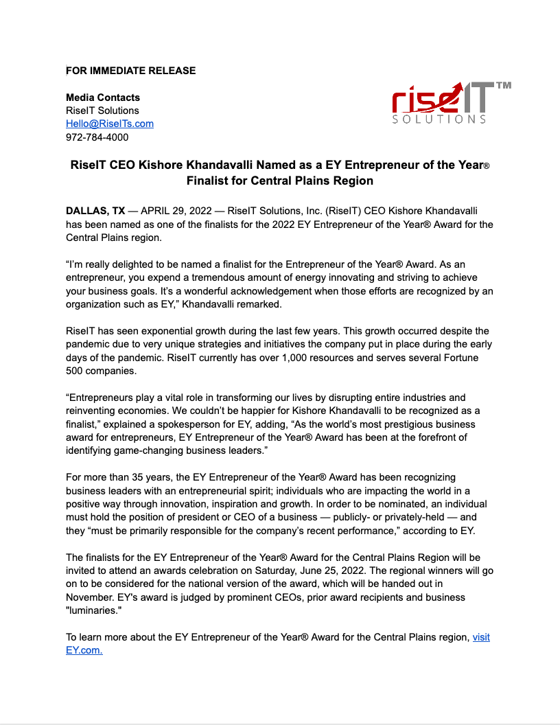 RiseIT CEO Kishore Khandavalli Named as a EY Entrepreneur of the Year® Finalist for Central Plains Region