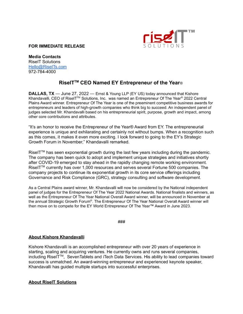 RiseIT™ CEO Kishore Khandavalli Named EY Entrepreneur of the Year®