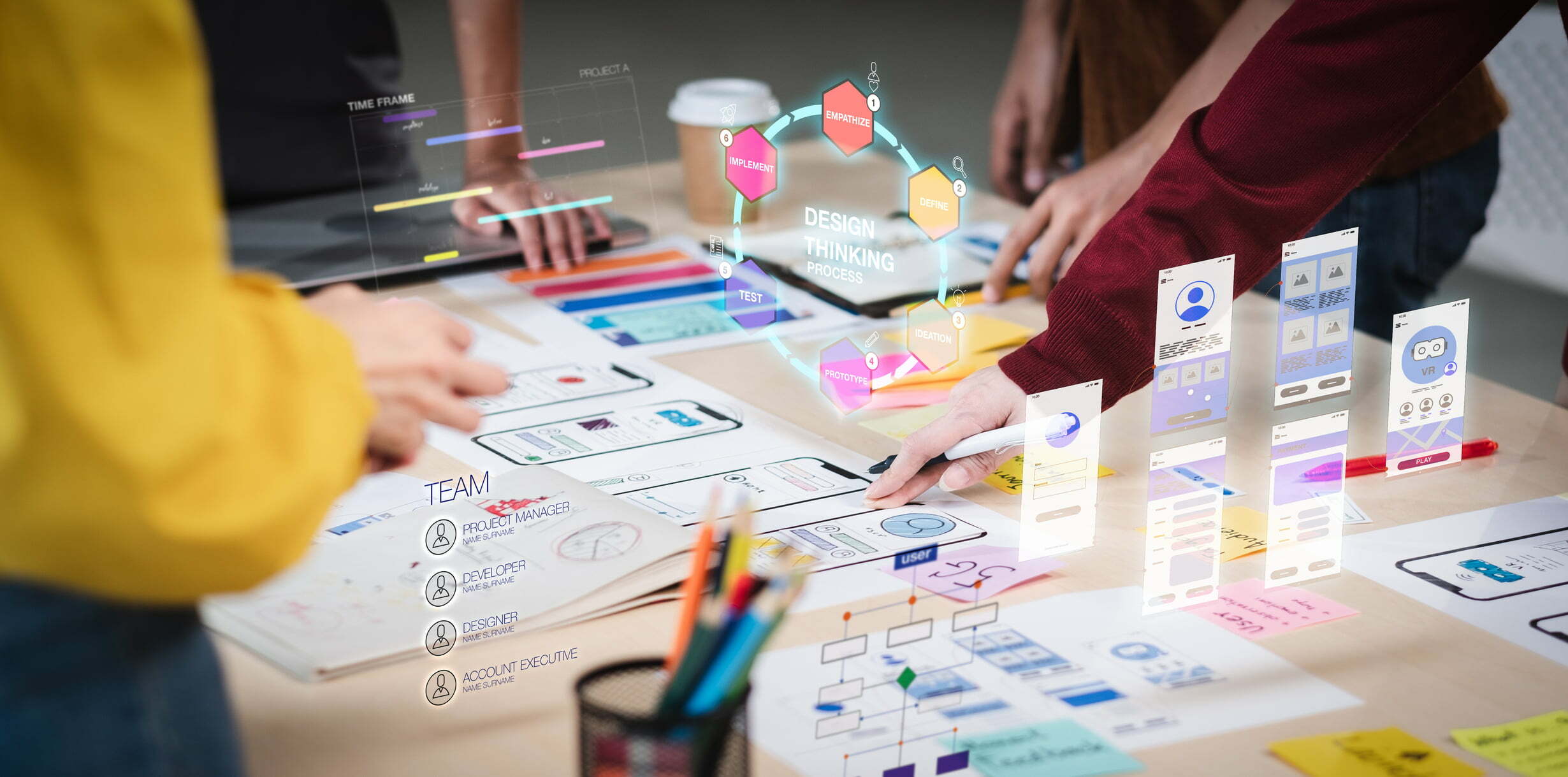 Close uWhat are the UI/UX Design Process Stages? – What to Expectp ux developer and ui designer use augmented reality brainstorming about mobile app interface wireframe design on desk at modern office.Creative digital development agency What are the UI/UX Design Process Stages? - What to Expect