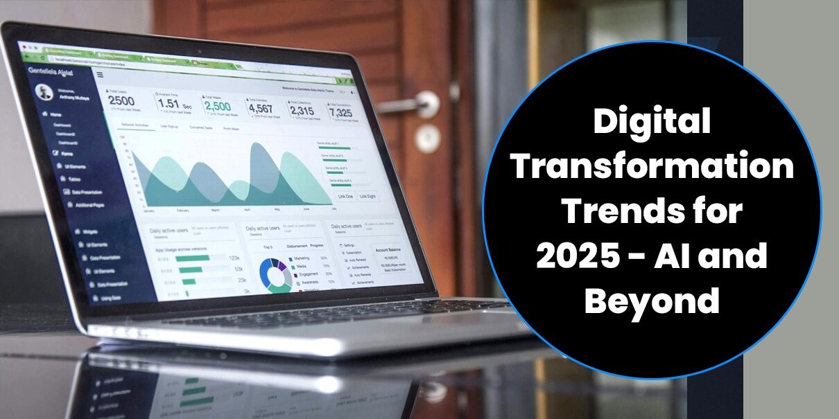 Digital graphs and data on a computer screen, representing digital transformation trends combining human effort with software innovation.