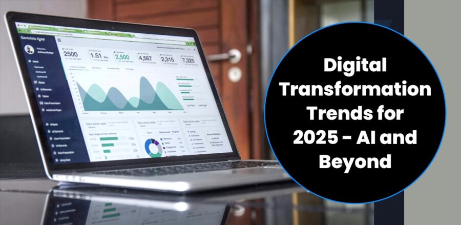 Digital graphs and data on a computer screen, representing digital transformation trends combining human effort with software innovation.