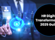 A man tapping a digital graphic with portraits and implied text descriptions underneath to represent HR Digital Transformation.