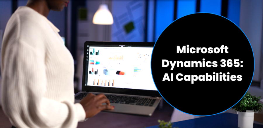 Businesswoman holding laptop computer with graphics on the screen to represent Dynamics 365 AI capabilities.