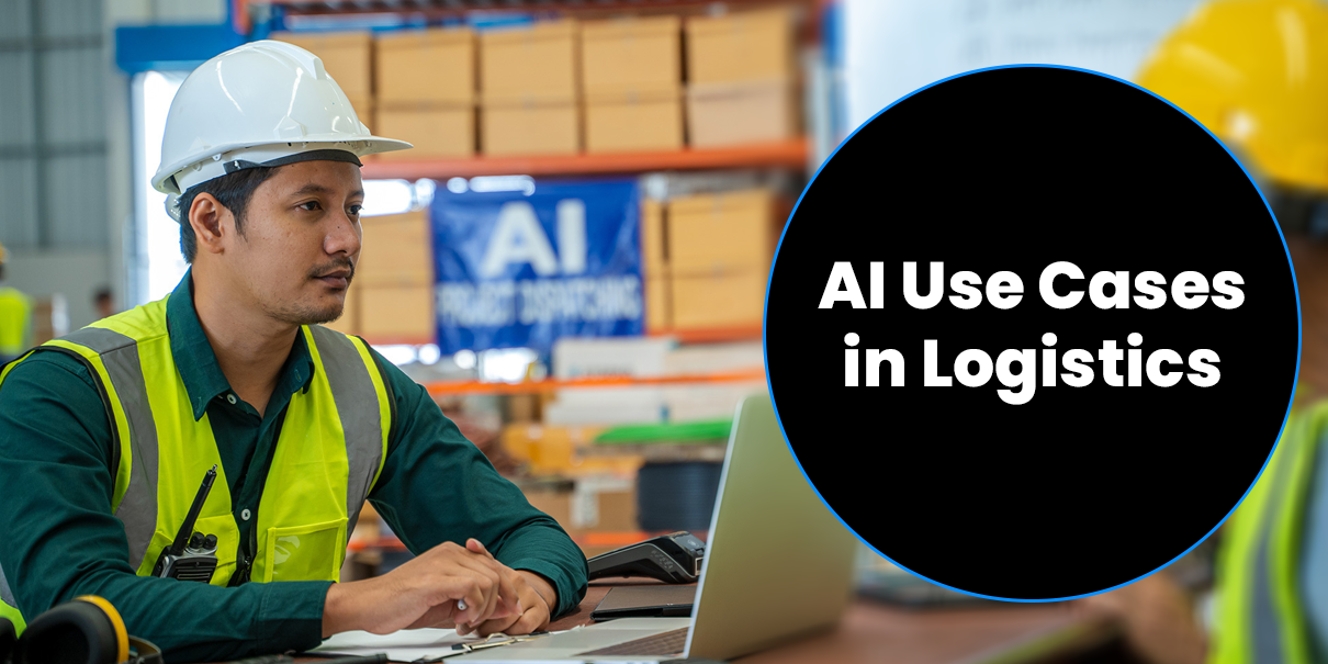 Two logistics workers meeting around a laptop to represent AI and ML in logistics.