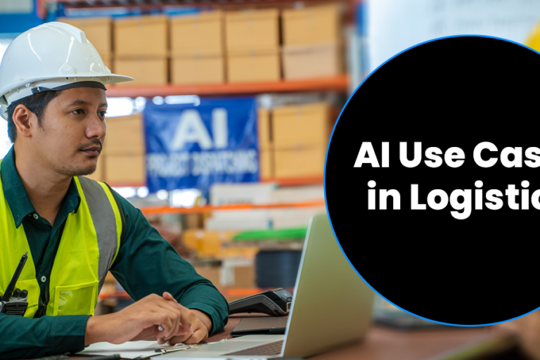 Two logistics workers meeting around a laptop to represent AI and ML in logistics.