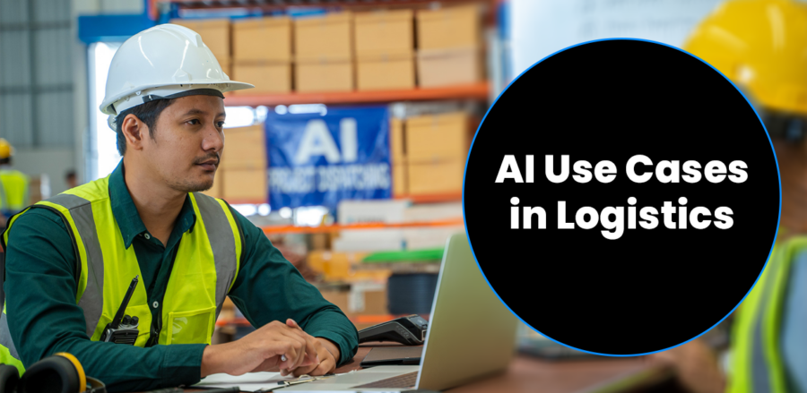 Two logistics workers meeting around a laptop to represent AI and ML in logistics.