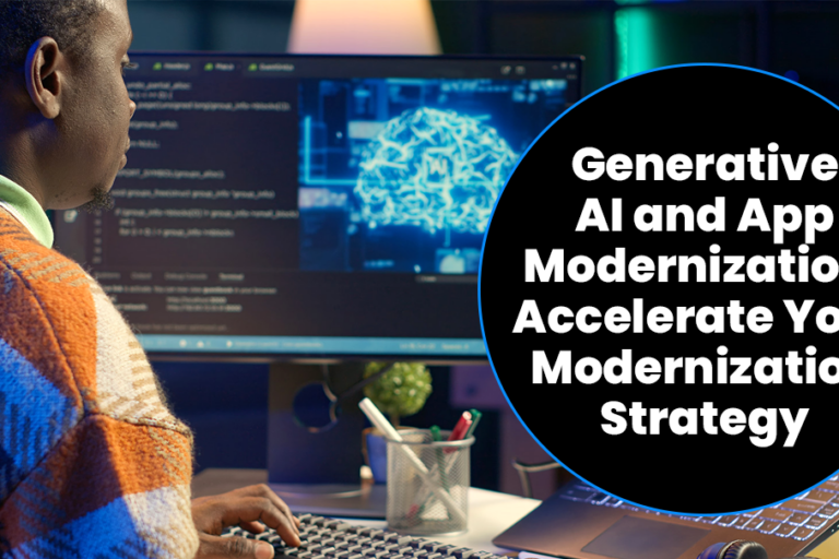 A programmer working on a computer with AI imagery on the screen to represent generative AI app modernization.